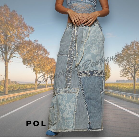 POL Boho 90s Grunge Era Mixed Denim Floral Up Cycle Style Maxi Blue Jean Skirt - Picture 1 of 11